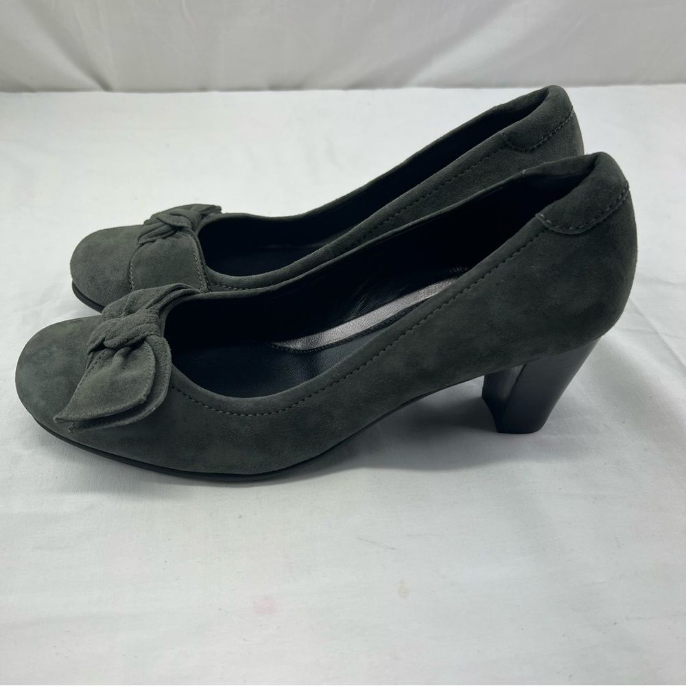 Ecco Bow Block Heels Pumps Gray Suede Shoes Women's 40 (US 9)